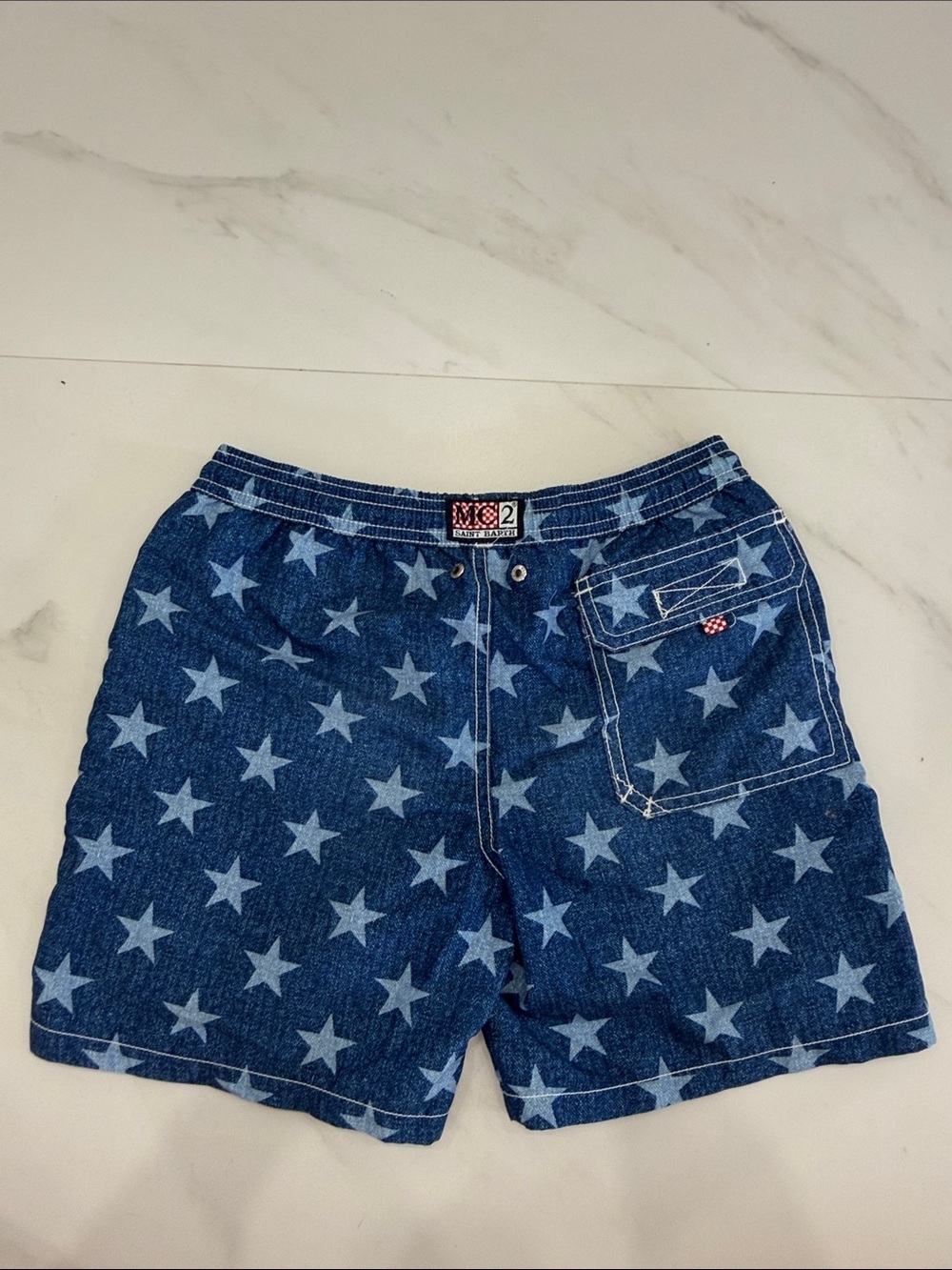 MC2 Saint Barth Navy Star-Print Swim Trunks with Neon Yellow Drawcord - Picture 3 of 6